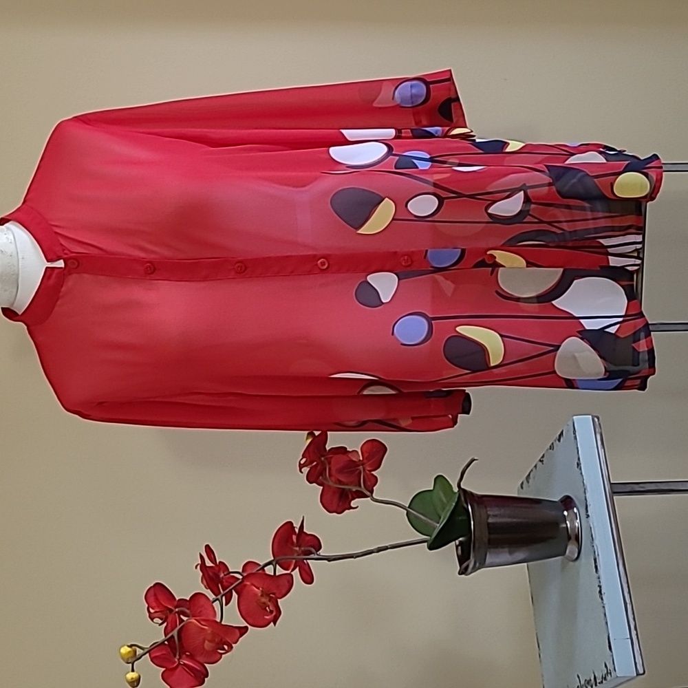 NEW Vintage Liz Baker Tunic Top Semi-sheer Chiffon Bright Red Poppies Print Lrge